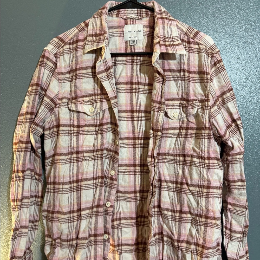 American Eagle Outfitters Men's Plaid Shirt Jacket - Pink and Cream